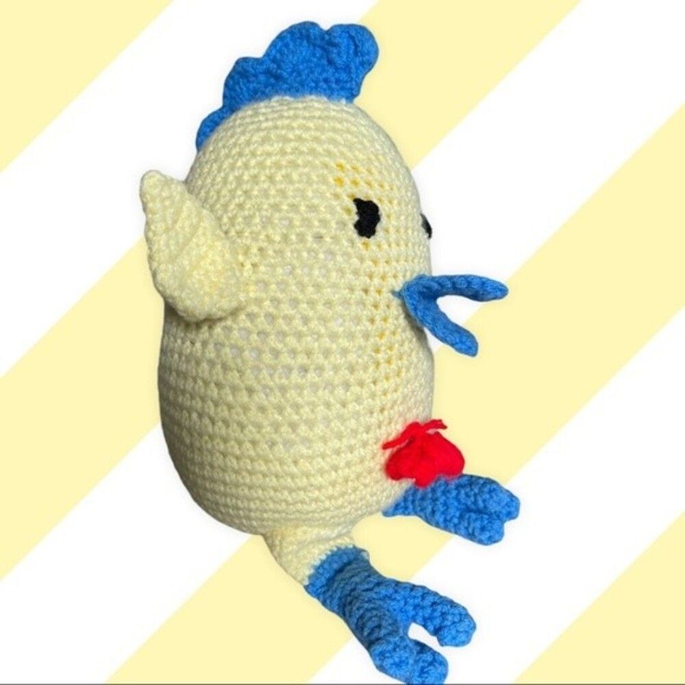 Vintage Crochet Easter Chick. Yellow with Blue feet, beak, top of head. Red bow